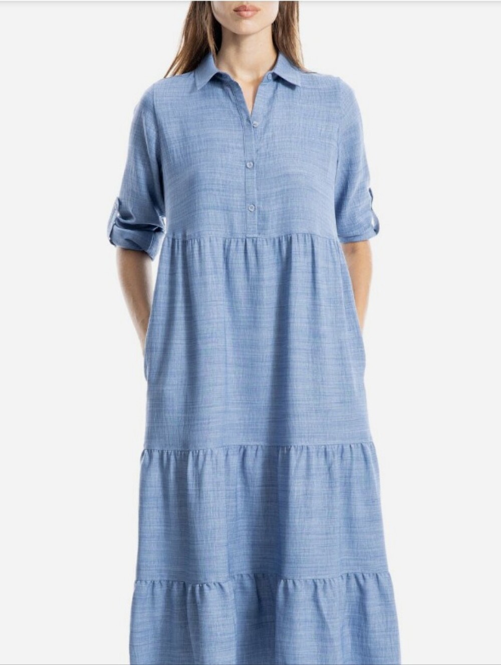Max Studio London Tiered Long Sleeve Gauze Shirtdress